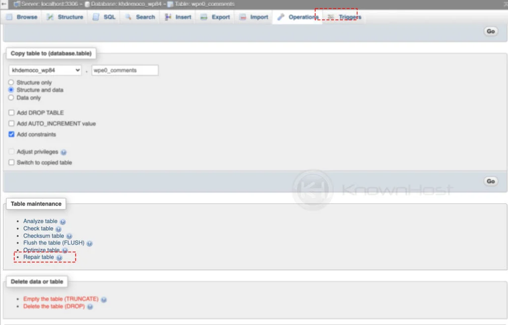 navigate to table maintenance repair table