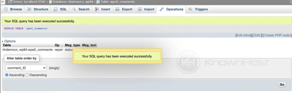 how to repair selected table using phpmyadmin