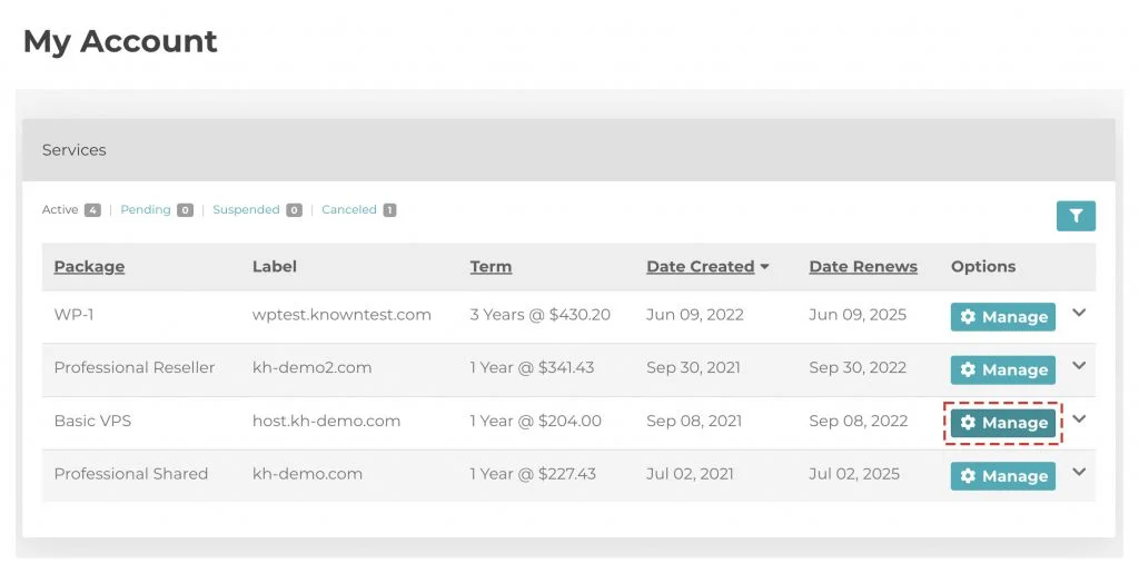 click on manage any service knownhost billing portal