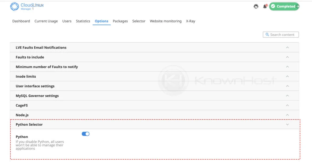 navigate to python selector cloudlinux