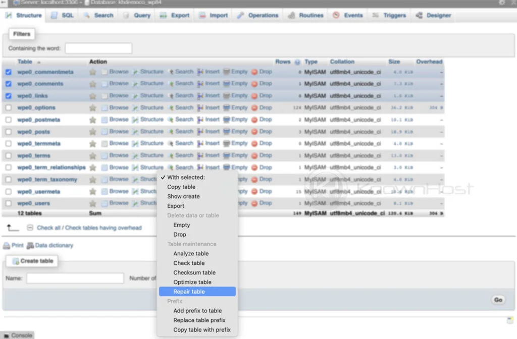 select repair table from the list tables