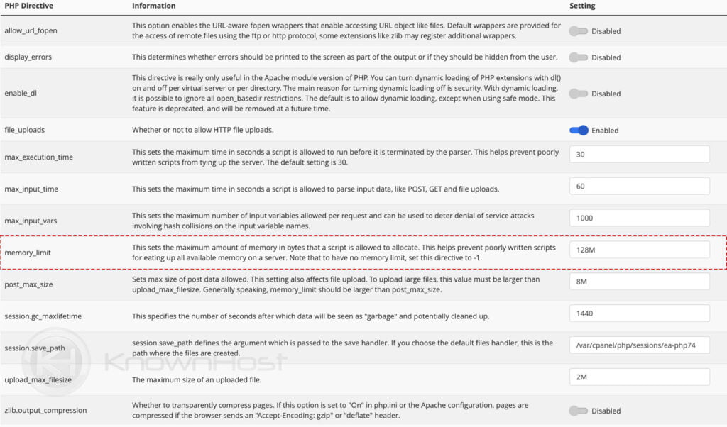 memory_limit increase in the cpanel