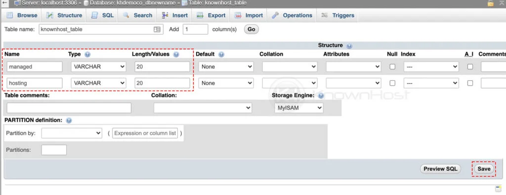 enter required details create table using phpmyadmin