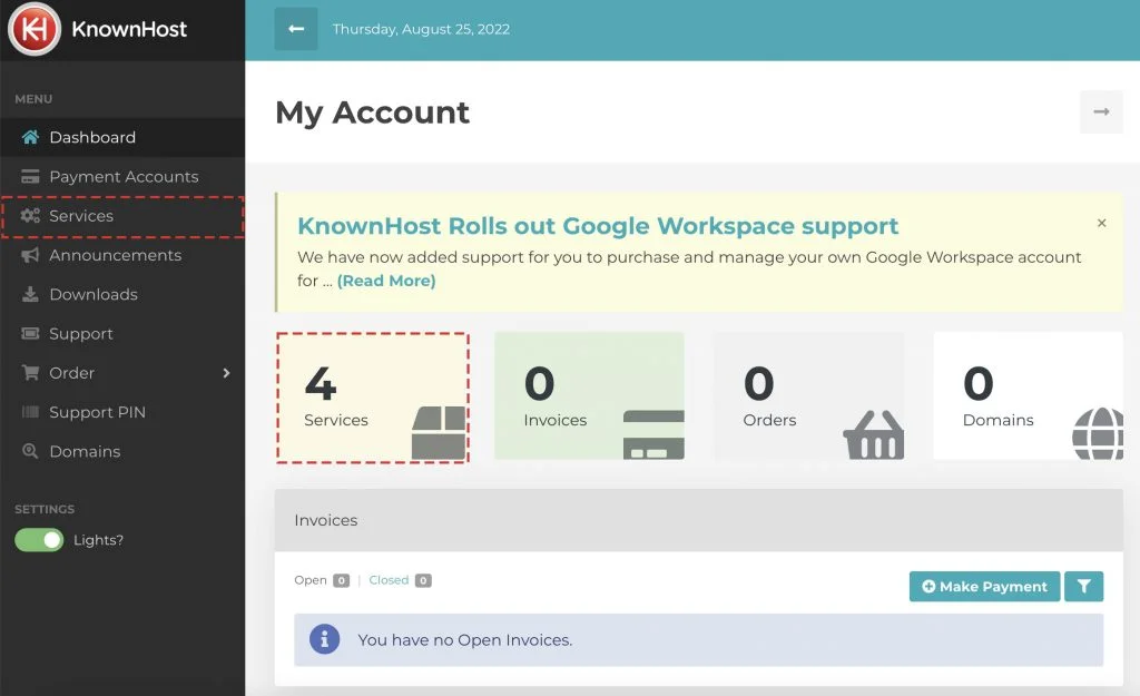 navigate to services knownhost billing portal