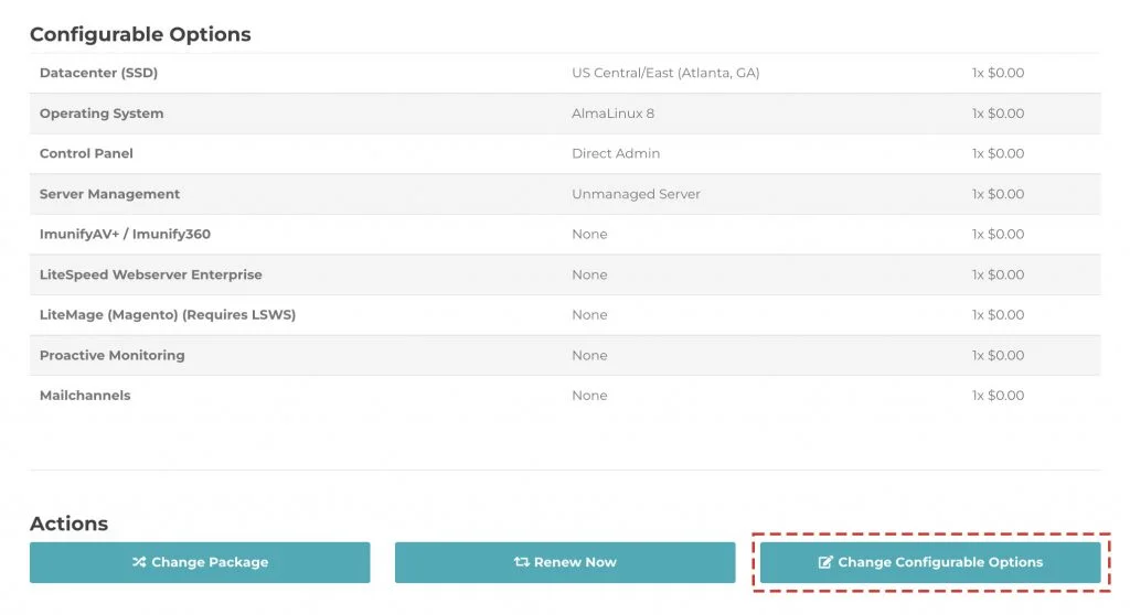 change configurable options to add remove features billing portal