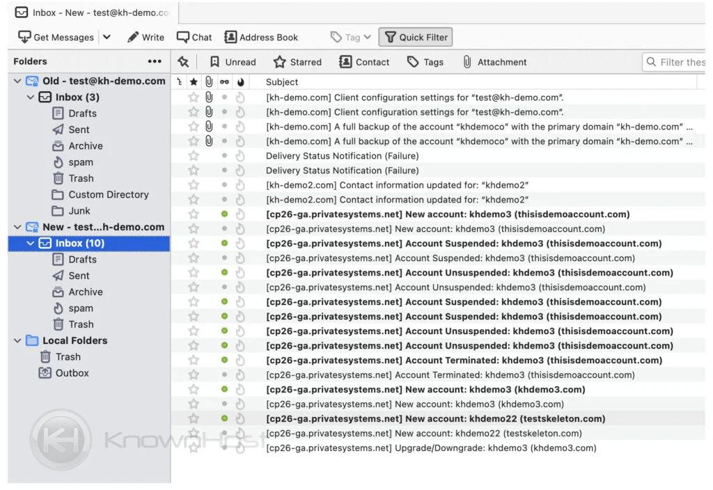 proof of copied email on the new server