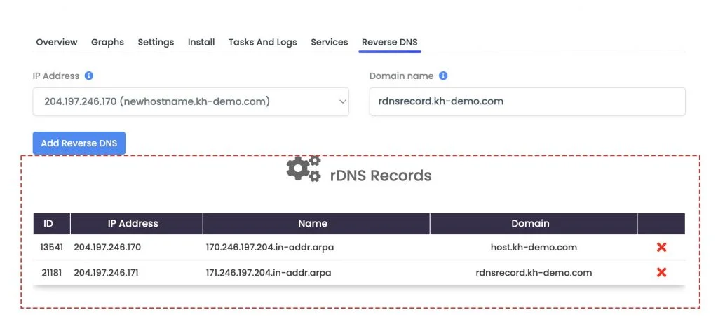 manage rDNS records for vps