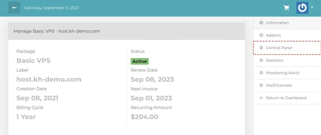 navigate to control panel of the vps